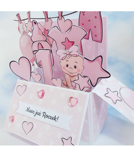 Personalizowana kartka 3D, pop-up box, na zamówienie, urodziny, Roczek, handmade