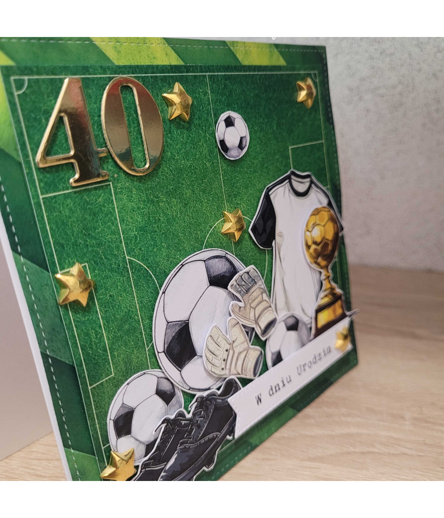 Piłkarska kartka na 40 urodziny, boisko, puchar, piłki, handmade