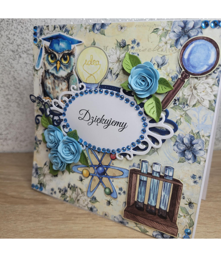 Niebieska kartka podziękowania, Koniec Roku Szkolnego, sowa, handmade