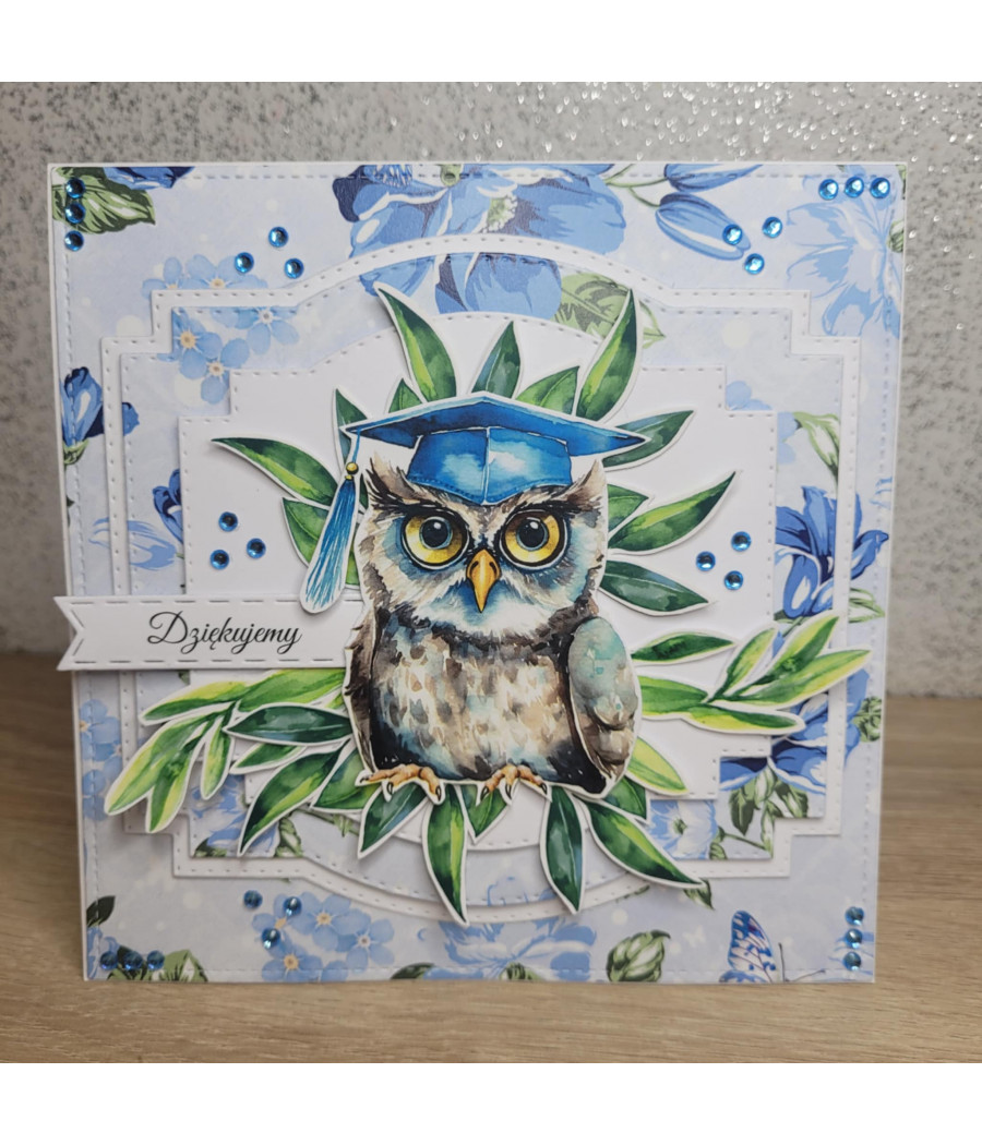 Niebieska kartka z sową, zakończenie roku szkolnego, handmade Niebieska kartka z sową, zakończenie roku szkolnego, handmade