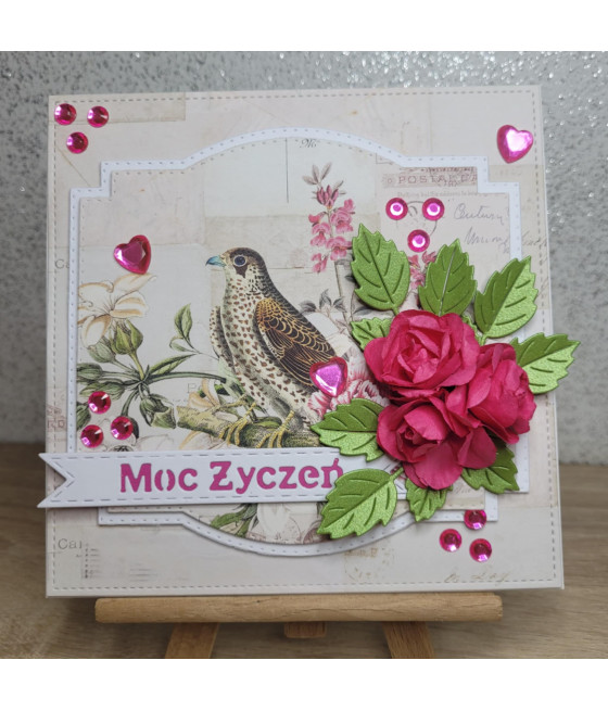 Kremowa kartka na każdą okazję, fuksjowe róże, handmade