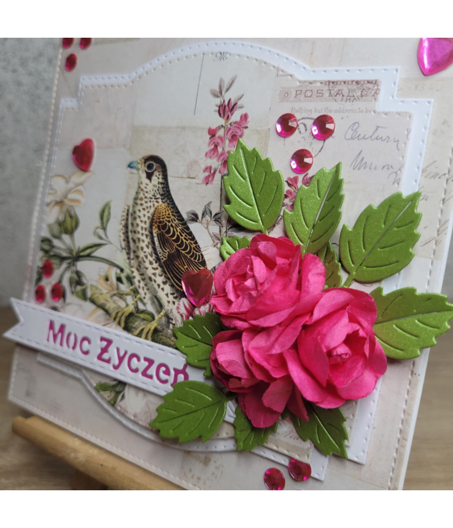 Kremowa kartka na każdą okazję, fuksjowe róże, handmade