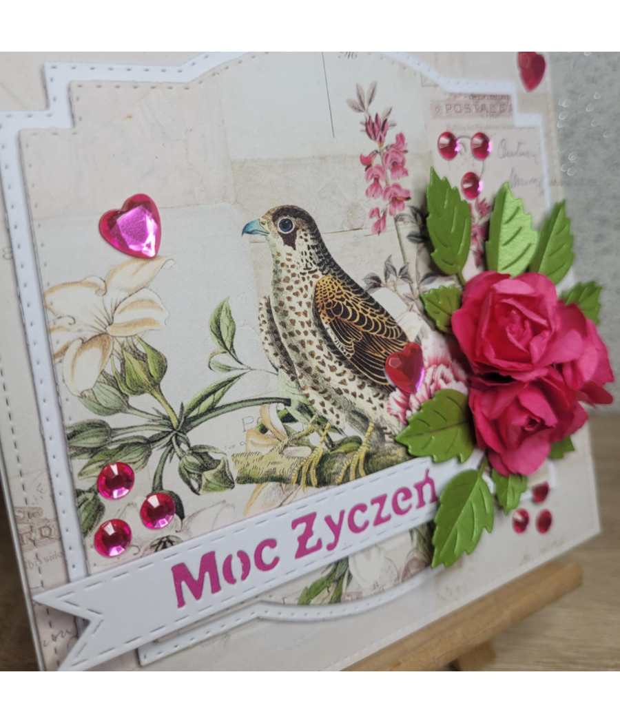 Kremowa kartka na każdą okazję, fuksjowe róże, handmade