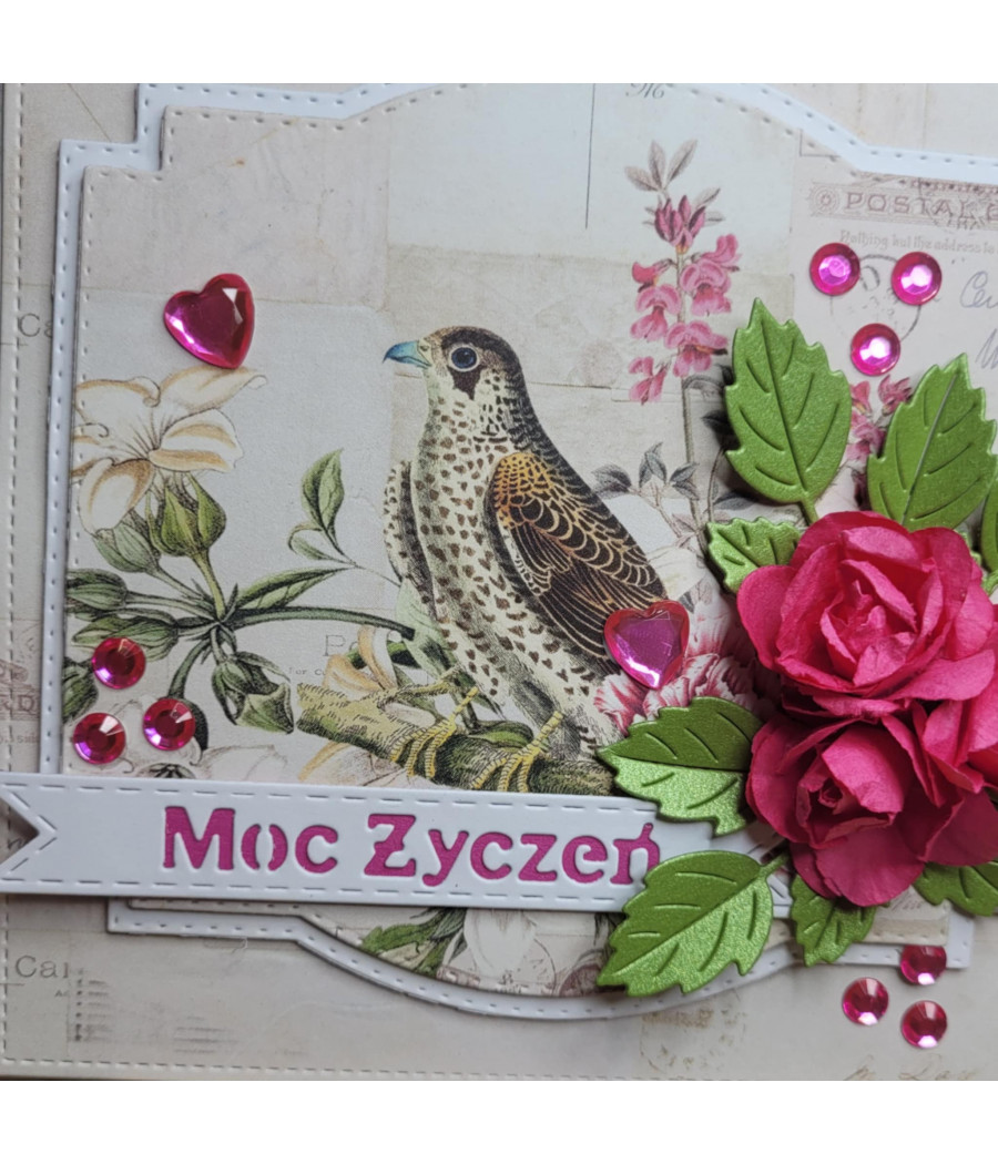 Kremowa kartka na każdą okazję, fuksjowe róże, handmade