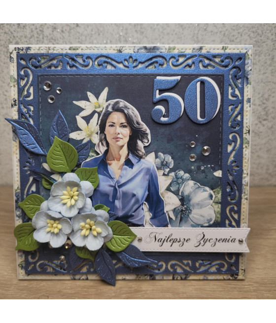 Niebieska kartka na 50 urodziny, kobieta, handmade