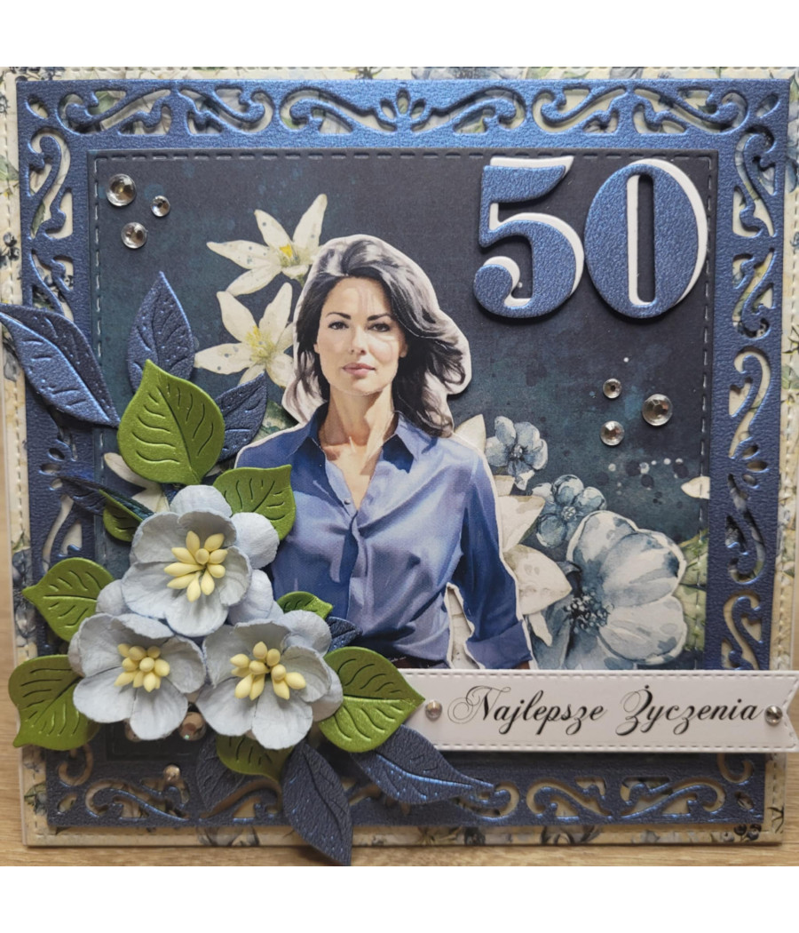 Niebieska kartka na 50 urodziny, kobieta, handmade