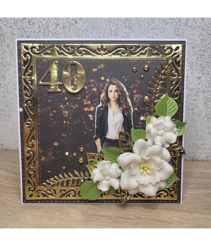 Złota, kobieca kartka na 40 urodziny, handmade