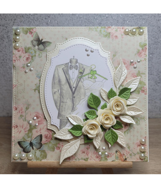Kremowa kartka na Ślub, suknia i garnitur, handmade
