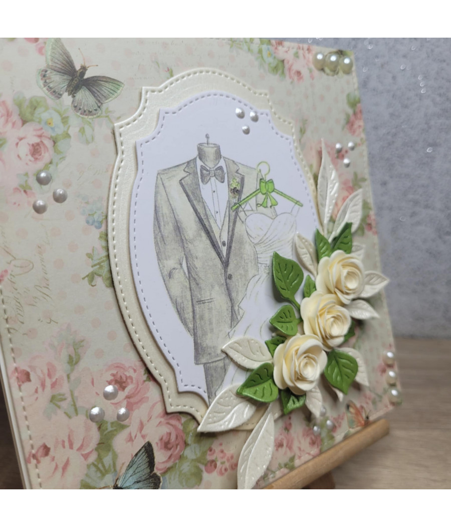 Kremowa kartka na Ślub, suknia i garnitur, handmade