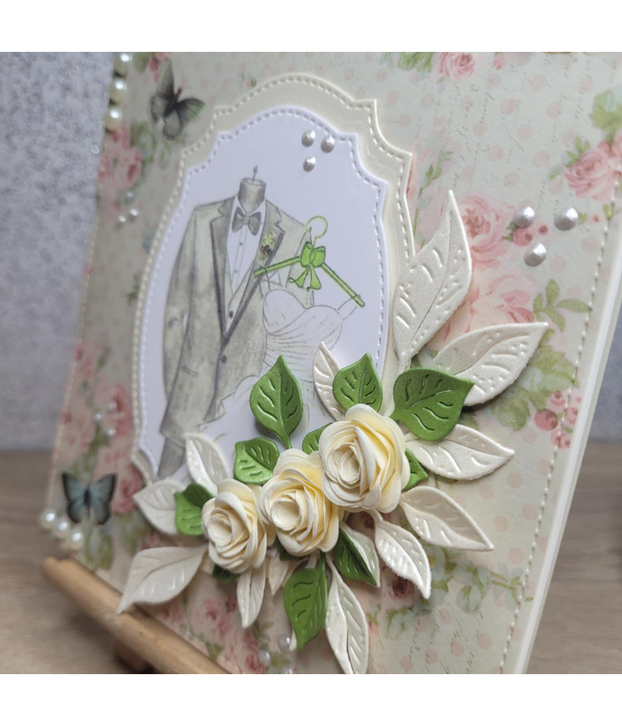 Kremowa kartka na Ślub, suknia i garnitur, handmade