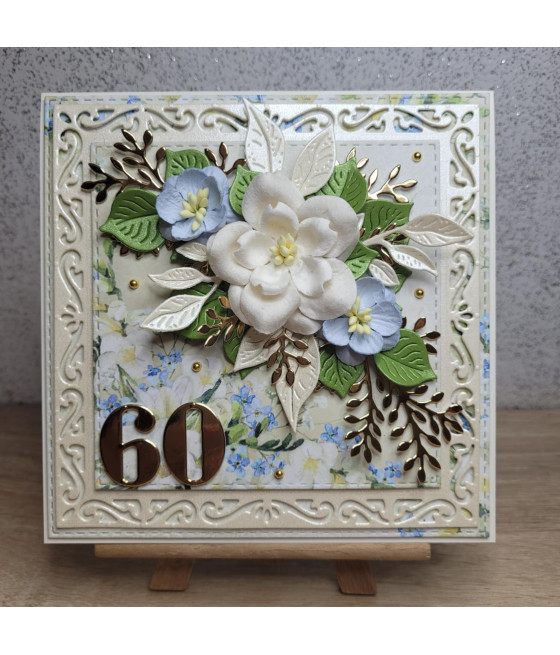 Kremowa kartka na 60 urodziny, kwiaty, handmade