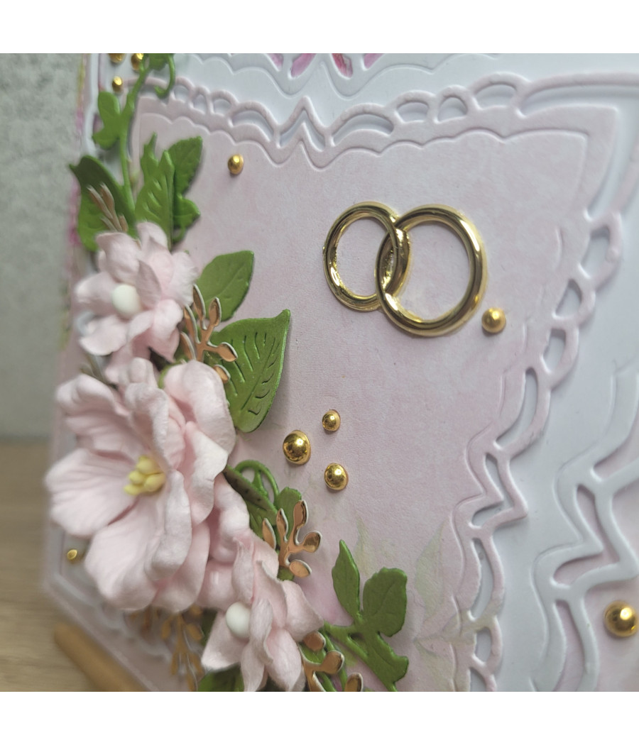 Różowa kartka na ślub/rocznicę ślubu, obrączki, handmade