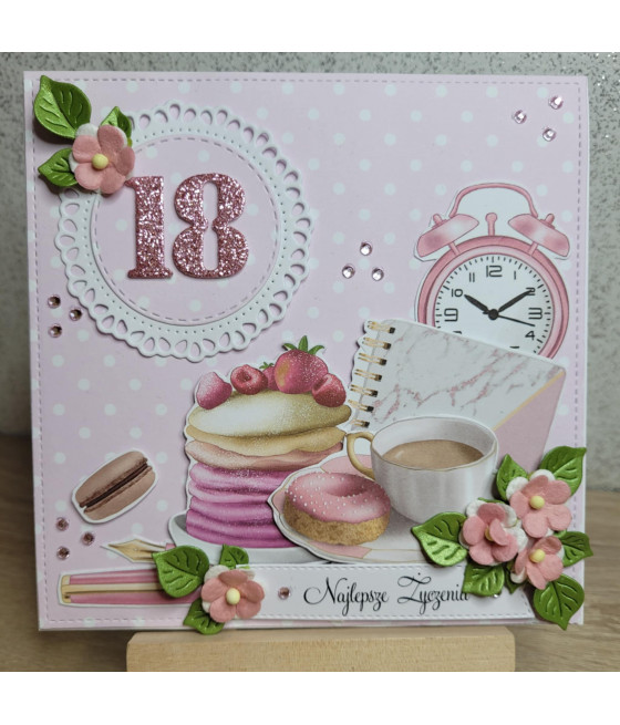 Różowa kartka na 18 urodziny, kawa, donut, handmade