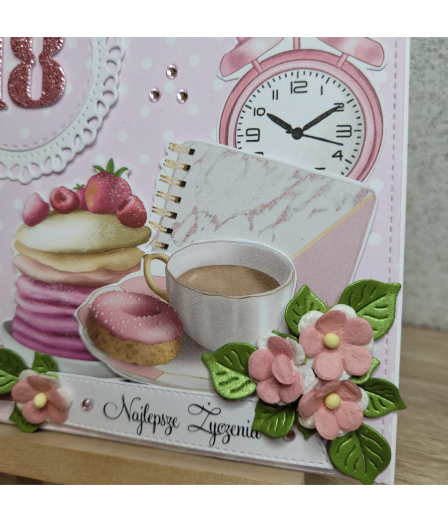 Różowa kartka na 18 urodziny, kawa, donut, handmade