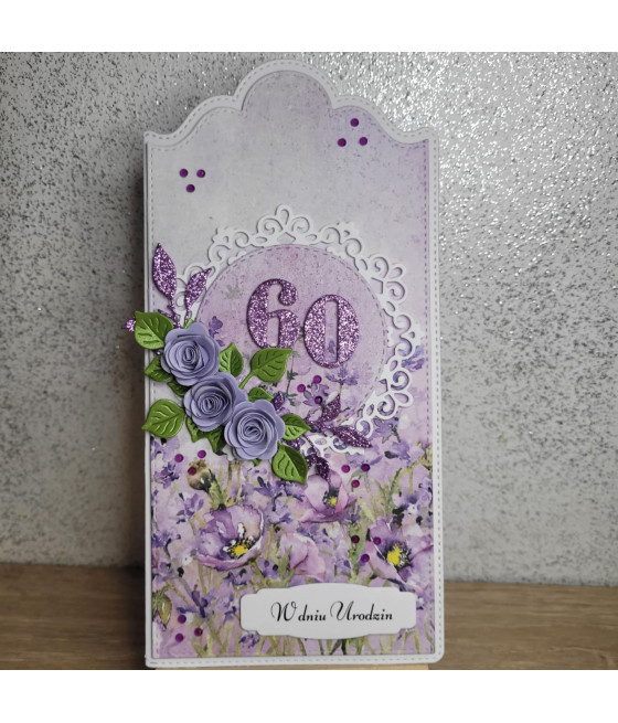 Fioletowa kartka, 60 urodziny, kwiaty, handmade