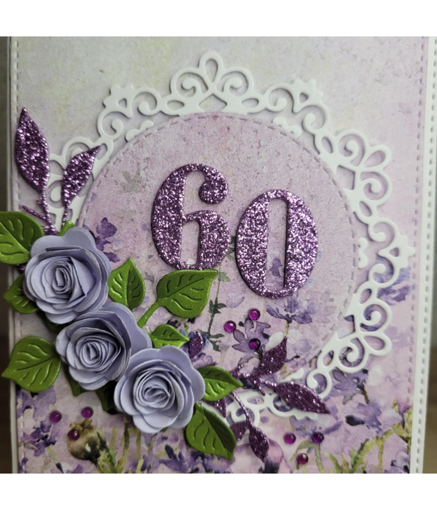 Fioletowa kartka, 60 urodziny, kwiaty, handmade