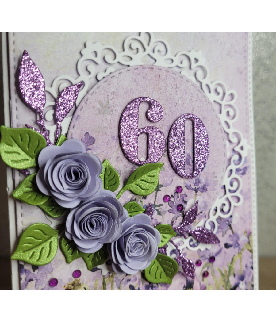 Fioletowa kartka, 60 urodziny, kwiaty, handmade