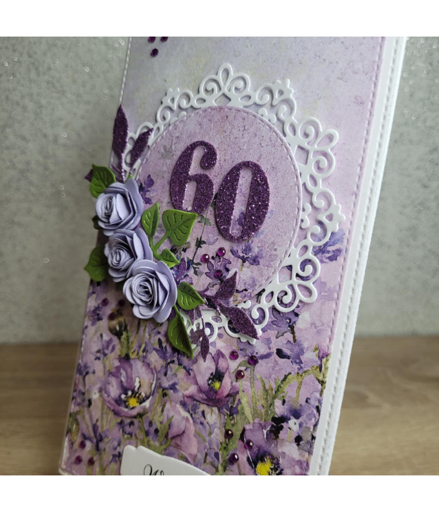 Fioletowa kartka, 60 urodziny, kwiaty, handmade