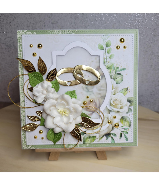 Kremowo-zielona kartka na Ślub, obrączki, kwiaty, handmade