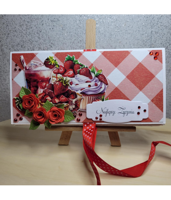 Czerwony, słodki czekoladownik, pudełko na czekoladę, truskawki, handmade