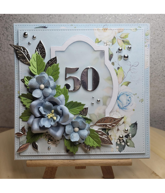 Błękitna kartka, 50 urodziny, kwiaty, handmade