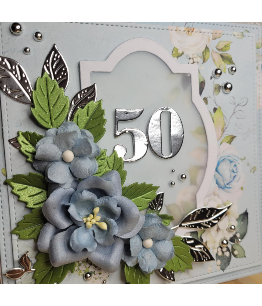 Błękitna kartka, 50 urodziny, kwiaty, handmade