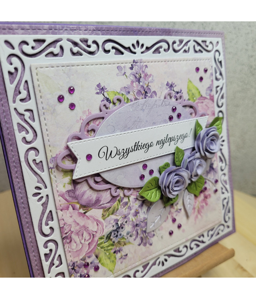 Fioletowa kartka na każdą okazję, z kwiatami, handmade