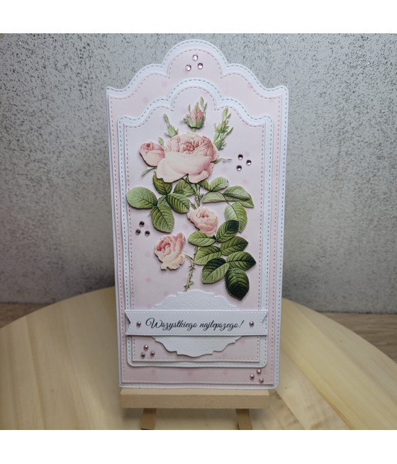 Delikatna, różowa kartka na każdą okazję, handmade, róże 3D