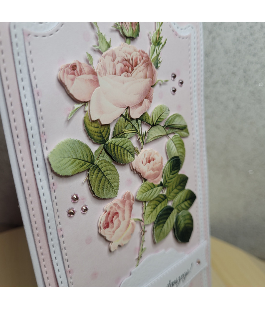 Delikatna, różowa kartka na każdą okazję, handmade, róże 3D