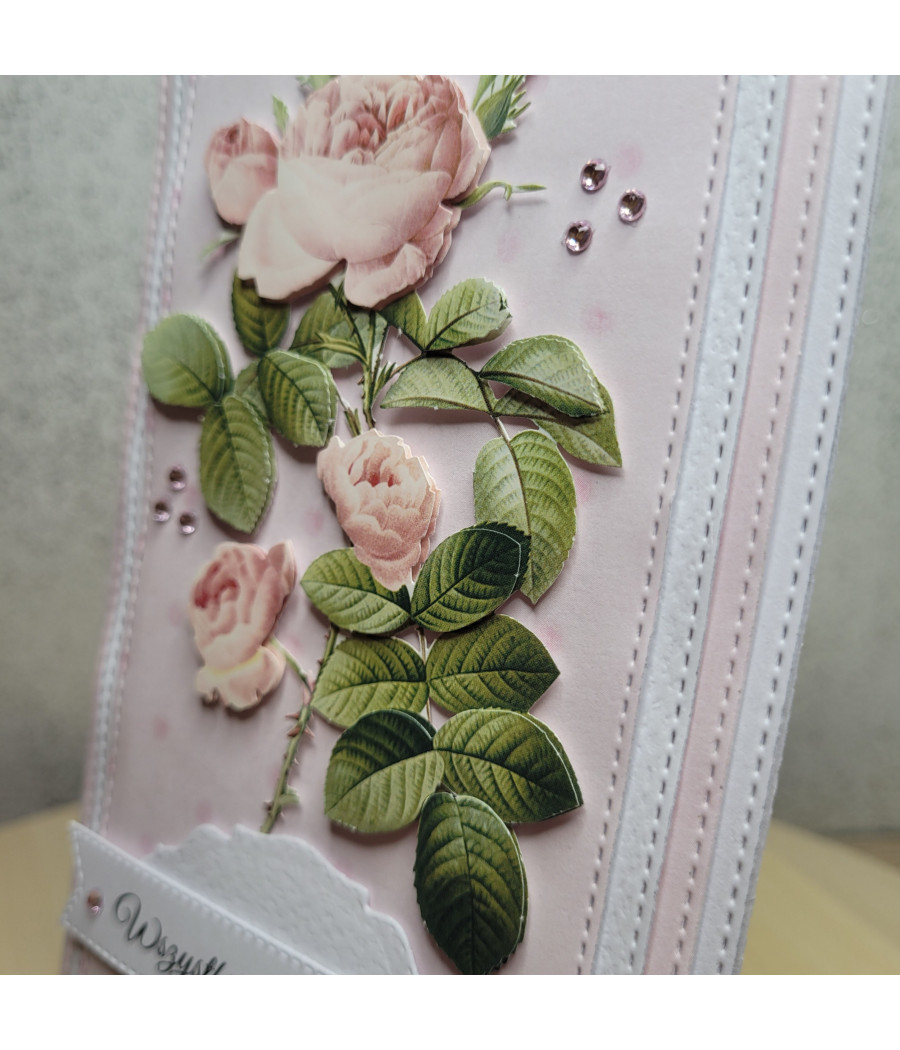 Delikatna, różowa kartka na każdą okazję, handmade, róże 3D