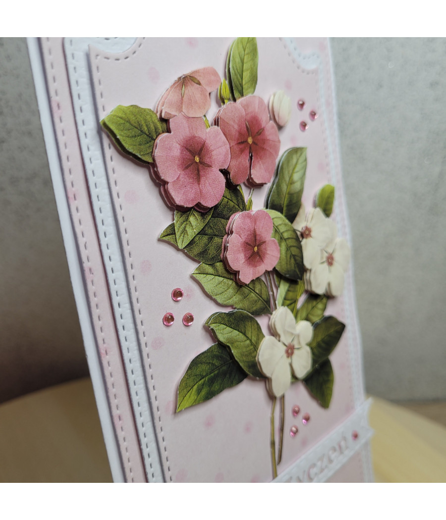 Różowa, pastelowa kartka z kwiatami 3D, handmade