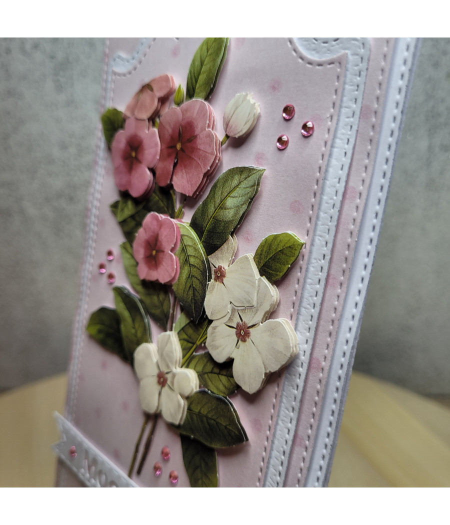Różowa, pastelowa kartka z kwiatami 3D, handmade