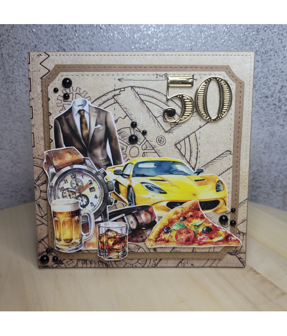 Męska kartka na 50 urdziny, garnitur, samochód, handmade