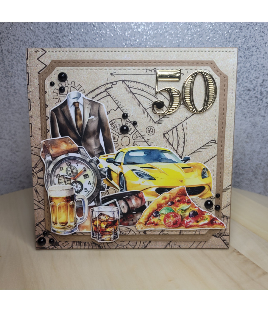 Męska kartka na 50 urdziny, garnitur, samochód, handmade Męska kartka na 50 urdziny, garnitur, samochód, handmade