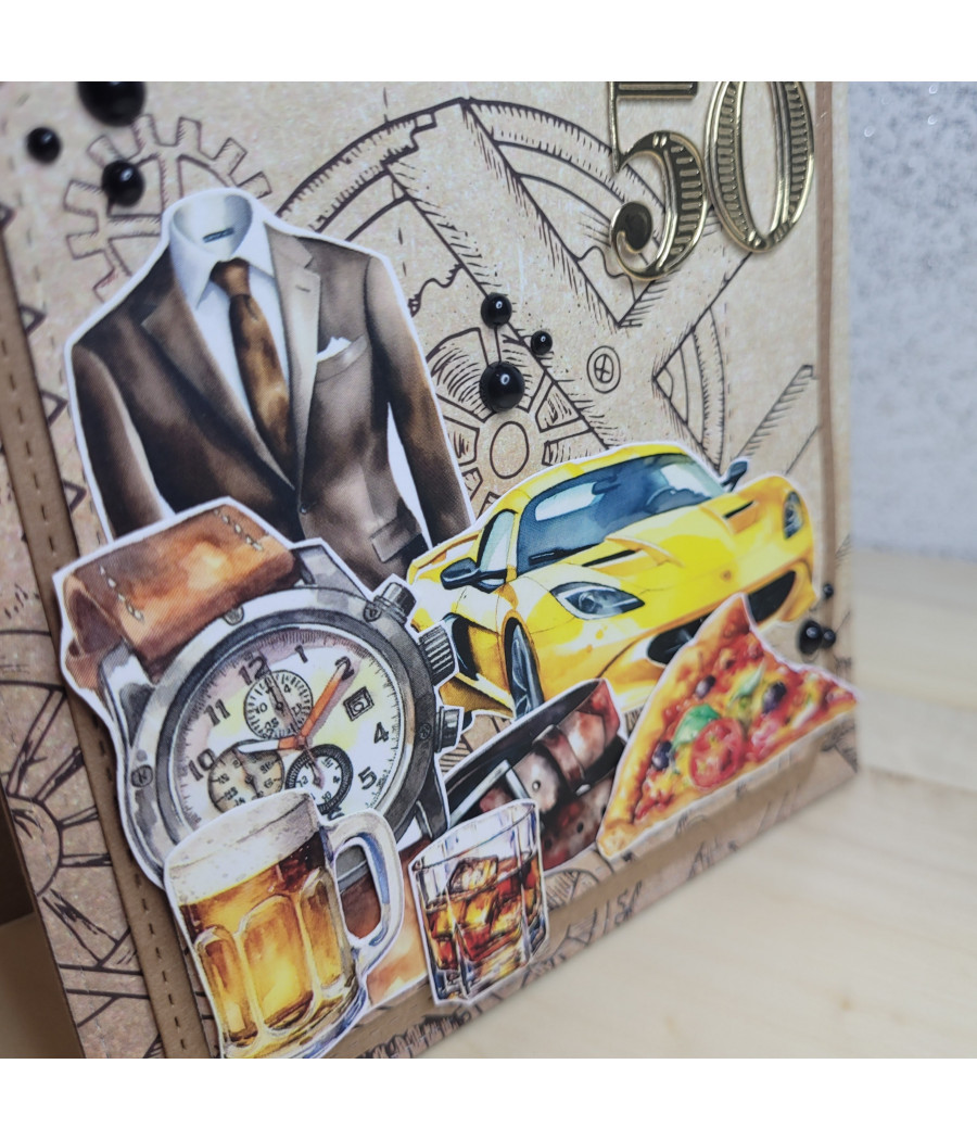 Męska kartka na 50 urdziny, garnitur, samochód, handmade