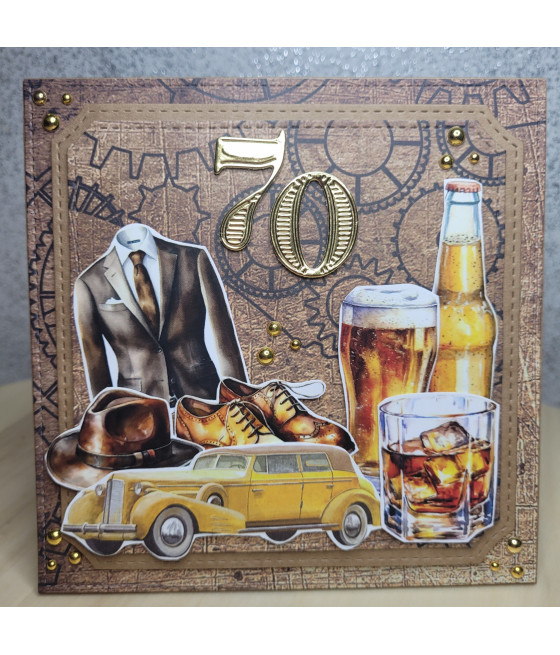 Męska kartka na 70 urodziny, samochód retro, garnitur, handmade