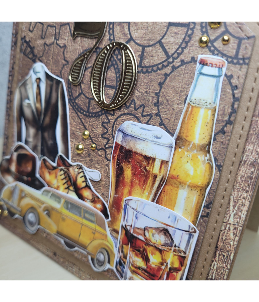 Męska kartka na 70 urodziny, samochód retro, garnitur, handmade