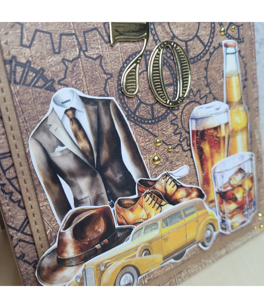 Męska kartka na 70 urodziny, samochód retro, garnitur, handmade