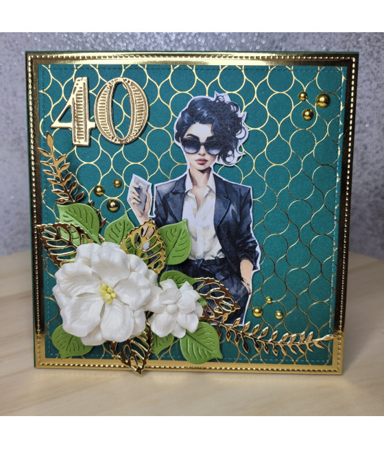 Złoto zielona, kobieca kartka na 40 urodziny, handmade
