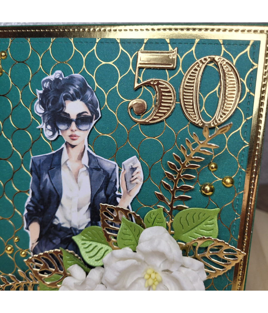 Zielono-złota kartka, 50 urodziny, kobieta, handmade