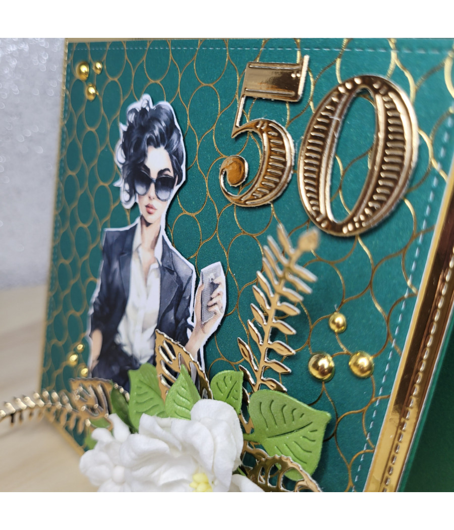 Zielono-złota kartka, 50 urodziny, kobieta, handmade