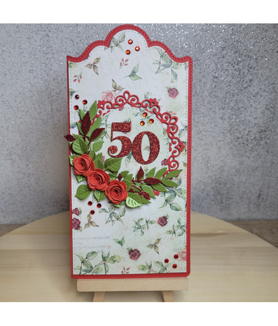 Elegancka, czerwona kartka na 50 urodziny, handmade, róże