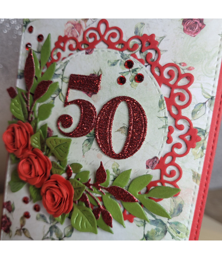 Elegancka, czerwona kartka na 50 urodziny, handmade, róże