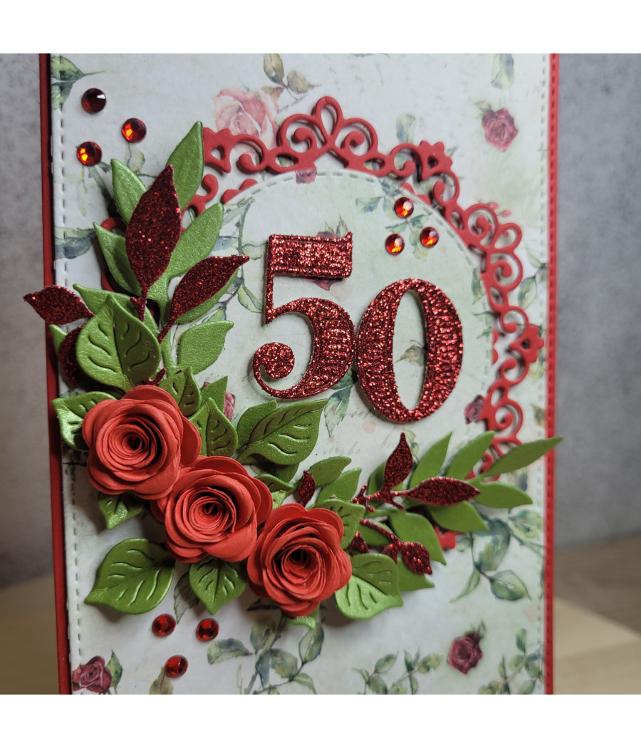Elegancka, czerwona kartka na 50 urodziny, handmade, róże