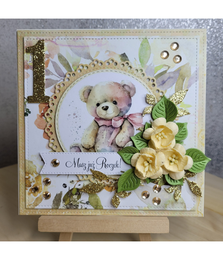 Kremowa kartka na Roczek z misiem, handmade