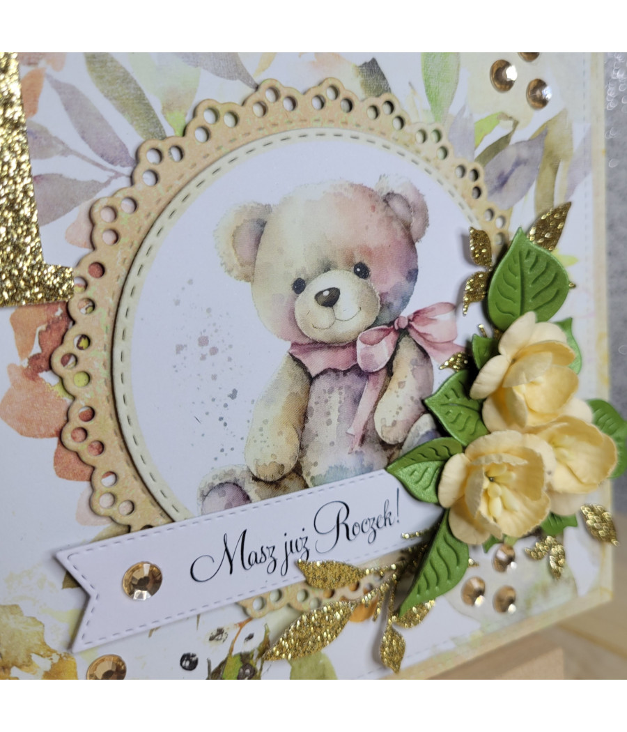 Kremowa kartka na Roczek z misiem, handmade