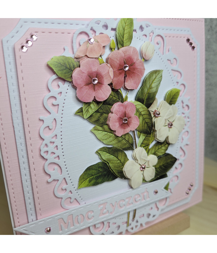 Różowa kartka na każdą okazję, kwiaty 3D, handmade
