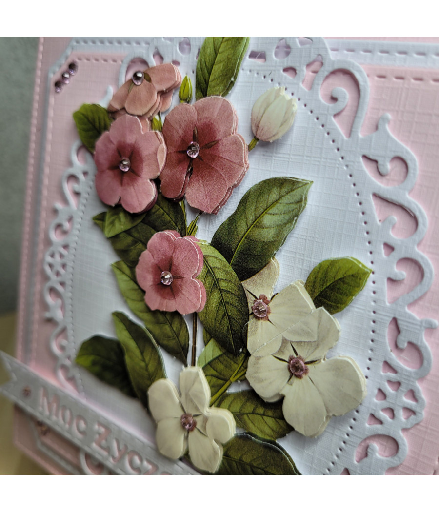 Różowa kartka na każdą okazję, kwiaty 3D, handmade