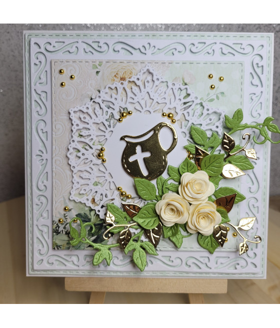 Kremowa kartka na Chrzest, z dzbanuszkiem, handmade