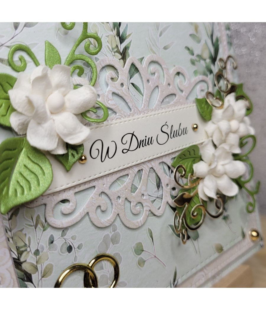 Zielono-złota kartka na Ślub, z obrączkami, handmade